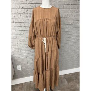 Shein Women Tan Textured Asymmetrical Tiered Balloon Sleeve Maxi Dress Size 2